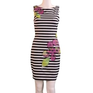 Caché Horizontal Striped Bodycon Dress With Floral Splash